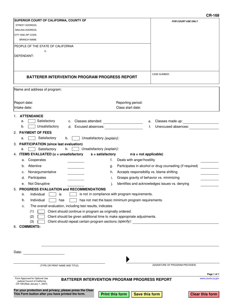 Form CR-168 Batterer Intervention Program Progress Report - California, Page 1