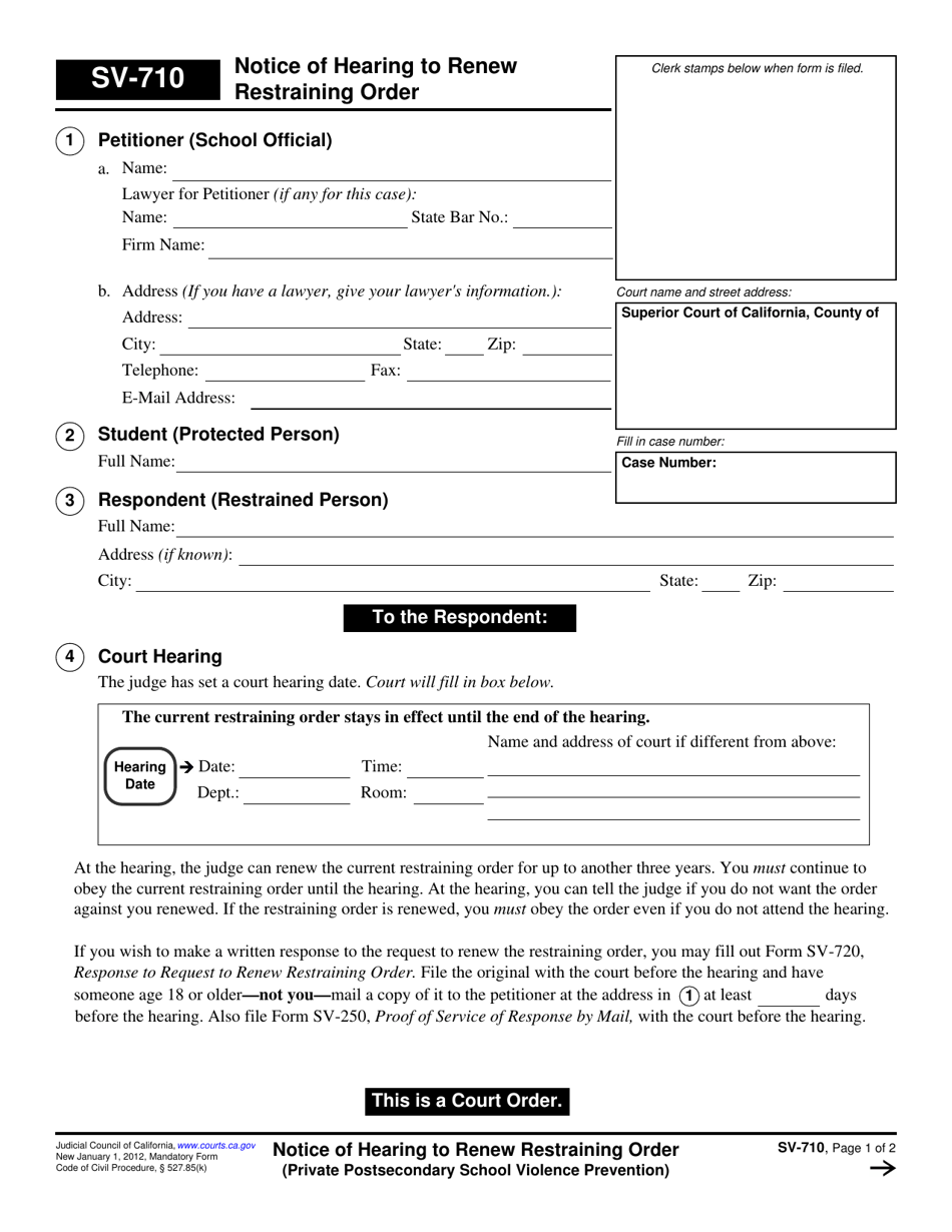 Form SV-710 Notice of Hearing to Renew Restraining Order - California, Page 1