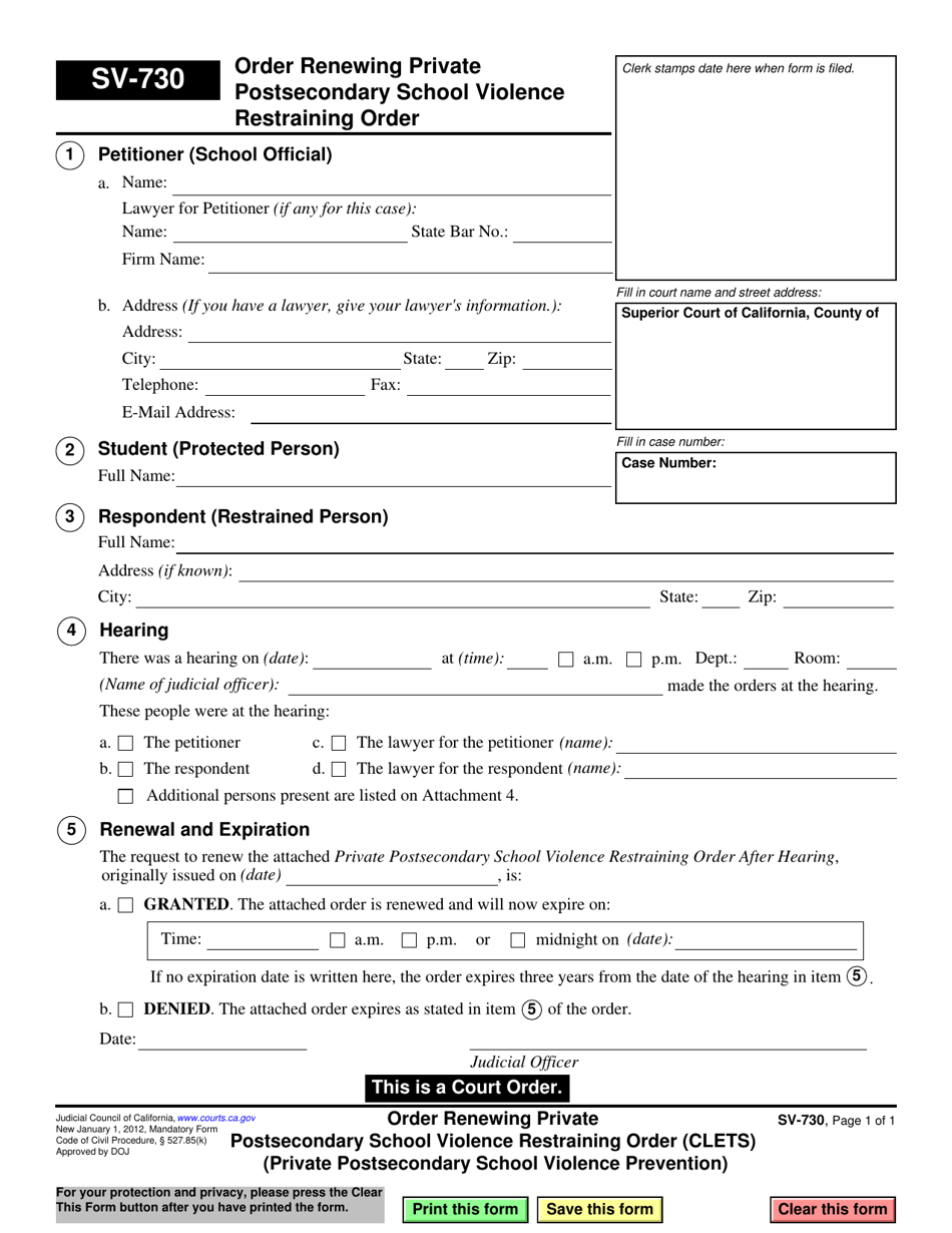 Form SV-730 Order Renewing Private Postsecondary School Violence Restraining Order - California, Page 1