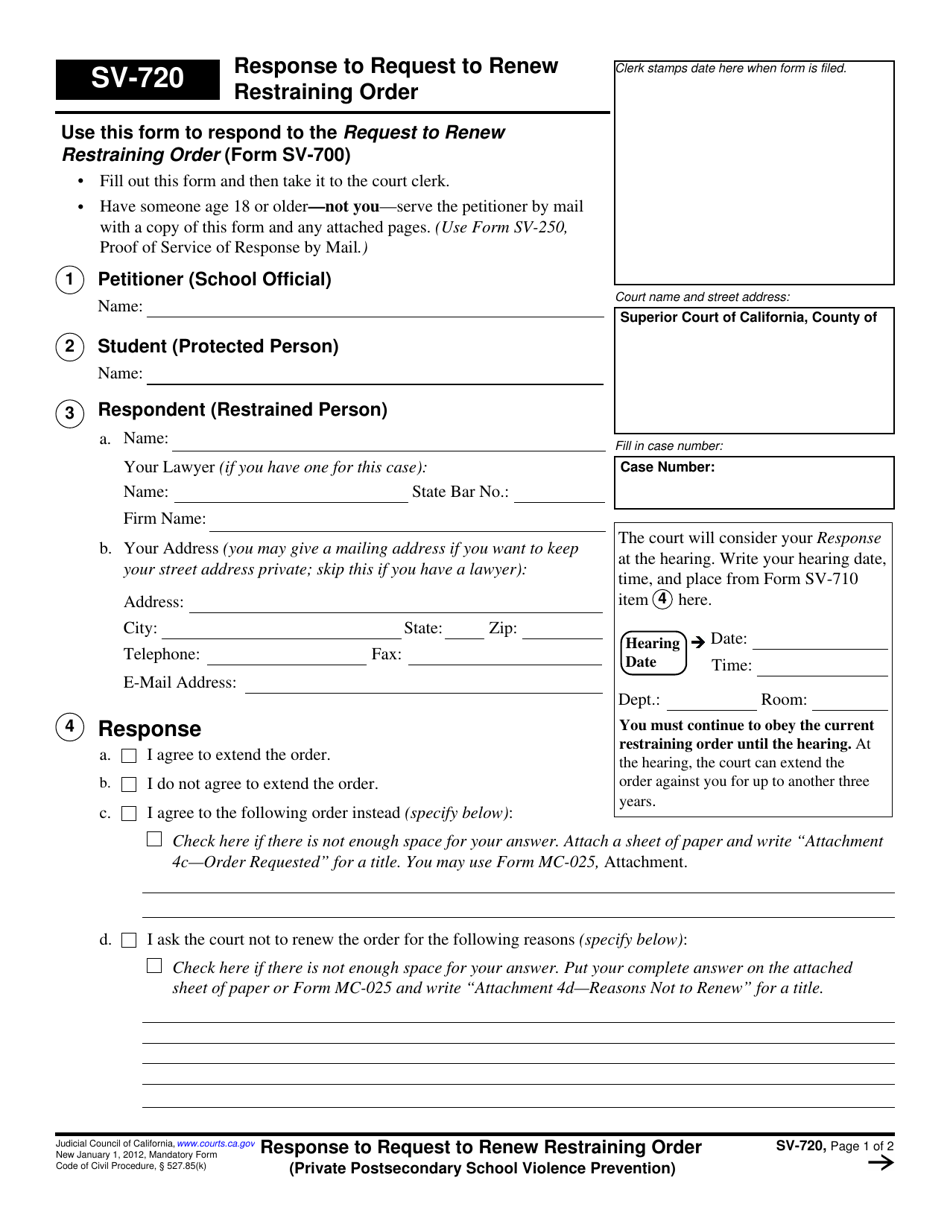 Form SV-720 Response to Request to Renew Restraining Order - California, Page 1