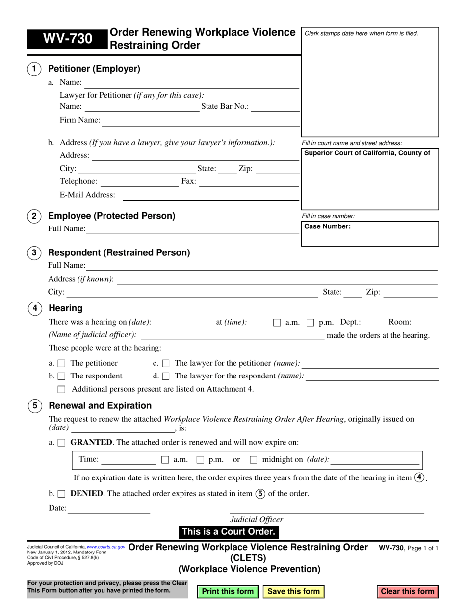 Form WV-730 Order Renewing Workplace Violence Restraining Order - California, Page 1