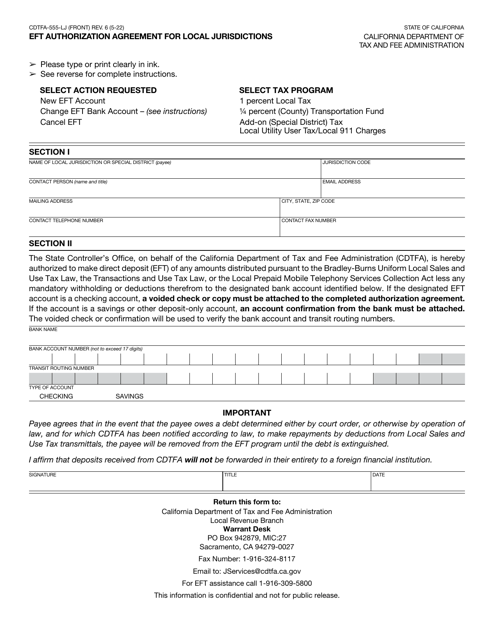 Form CDTFA-555-LJ Eft Authorization Agreement for Local Jurisdictions - California