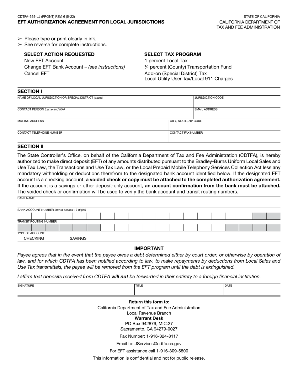 Form CDTFA-555-LJ Eft Authorization Agreement for Local Jurisdictions - California, Page 1