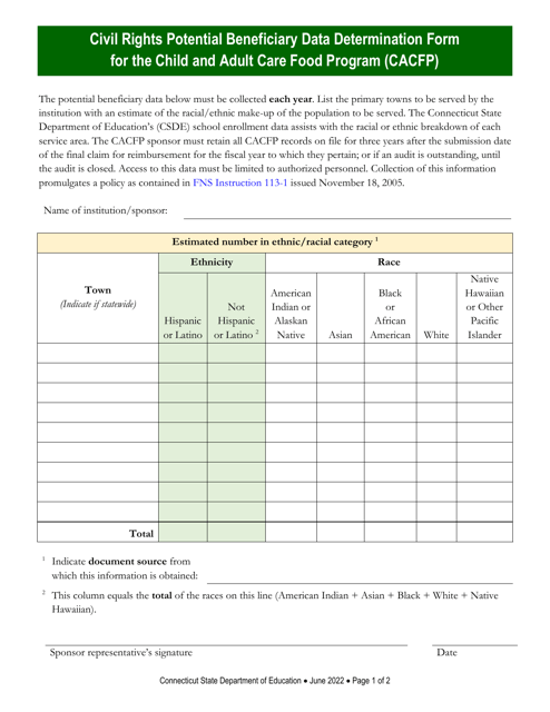 Civil Rights Potential Beneficiary Data Determination Form for the Child and Adult Care Food Program (CACFP) - Connecticut Download Pdf