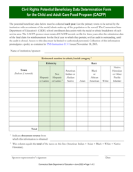 Civil Rights Potential Beneficiary Data Determination Form for the Child and Adult Care Food Program (CACFP) - Connecticut