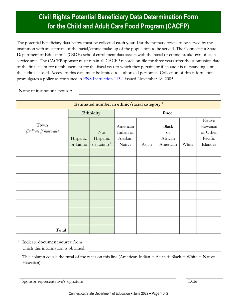 Civil Rights Potential Beneficiary Data Determination Form for the Child and Adult Care Food Program (CACFP) - Connecticut, Page 1