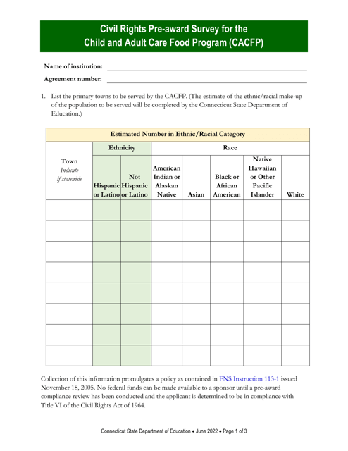 Civil Rights Pre-award Survey for the Child and Adult Care Food Program (CACFP) - Connecticut Download Pdf