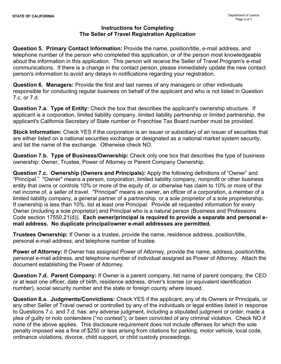 Instructions for Form JUS8771 Seller of Travel Registration Application - California, Page 2