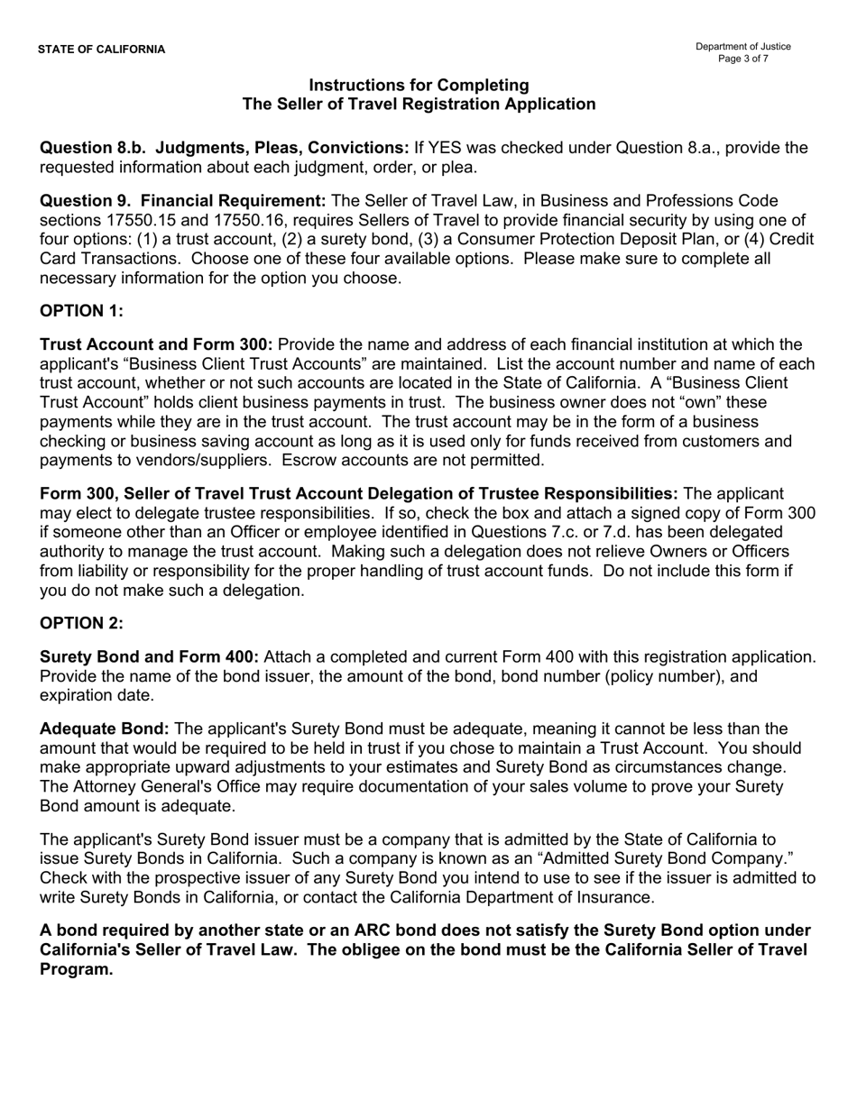 Instructions for Form JUS8771 Seller of Travel Registration Application - California, Page 3