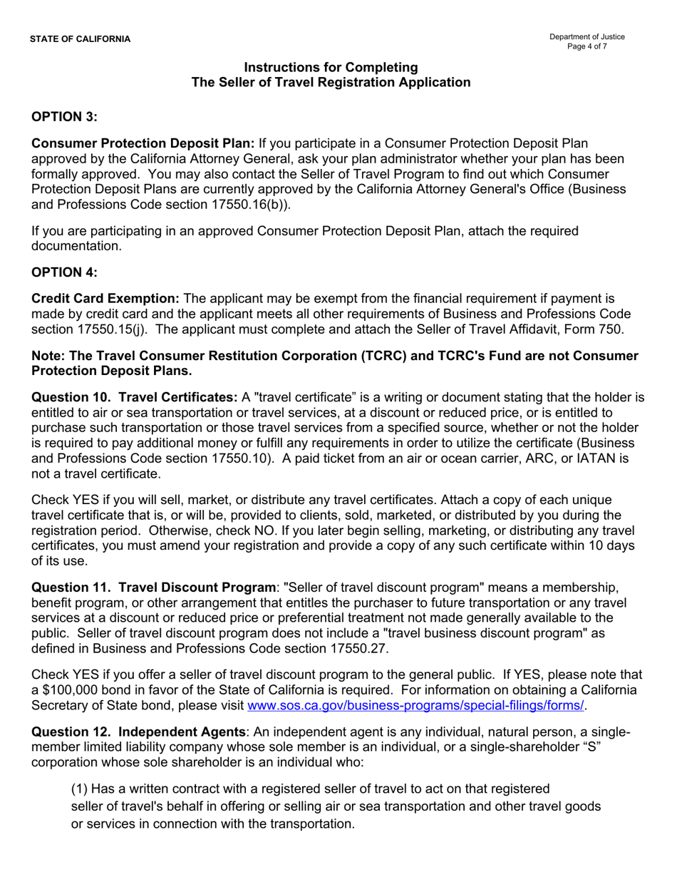 Instructions for Form JUS8771 Seller of Travel Registration Application - California, Page 4