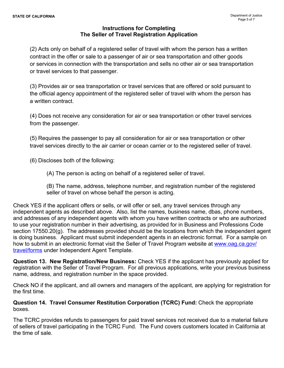 Instructions for Form JUS8771 Seller of Travel Registration Application - California, Page 5