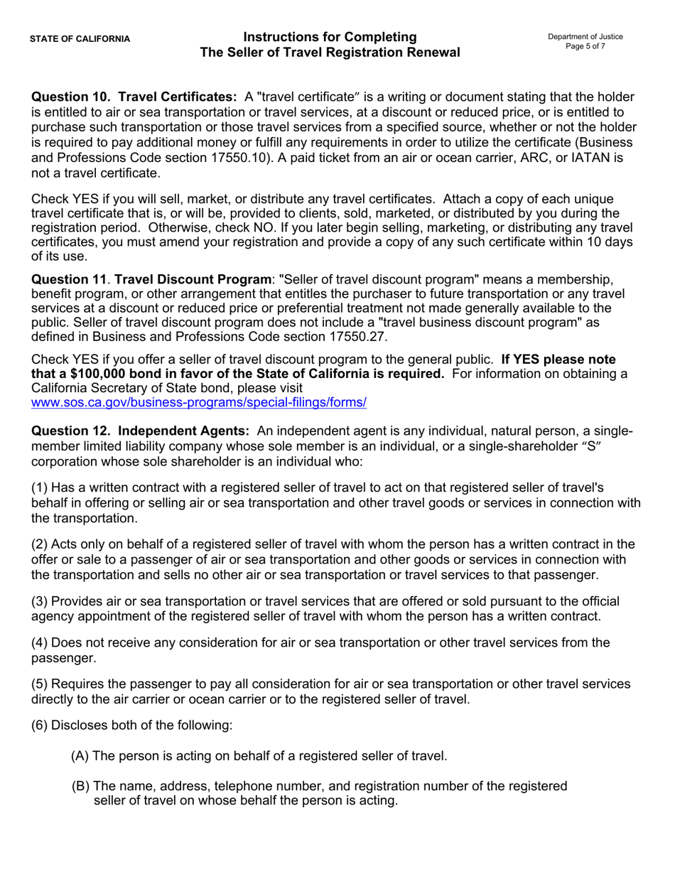 Instructions for Form JUS8770 Seller of Travel Renewal Registration - California, Page 5