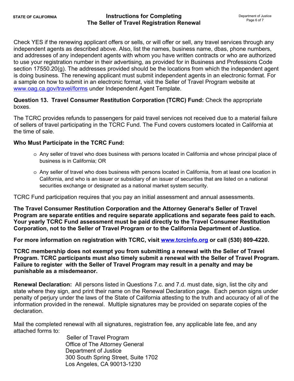 Instructions for Form JUS8770 Seller of Travel Renewal Registration - California, Page 6