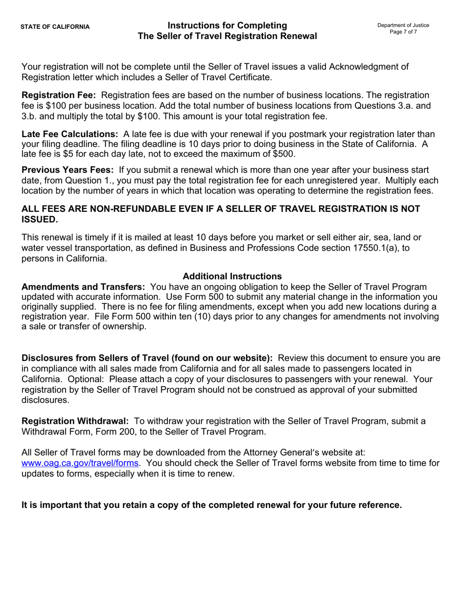 Instructions for Form JUS8770 Seller of Travel Renewal Registration - California, Page 7
