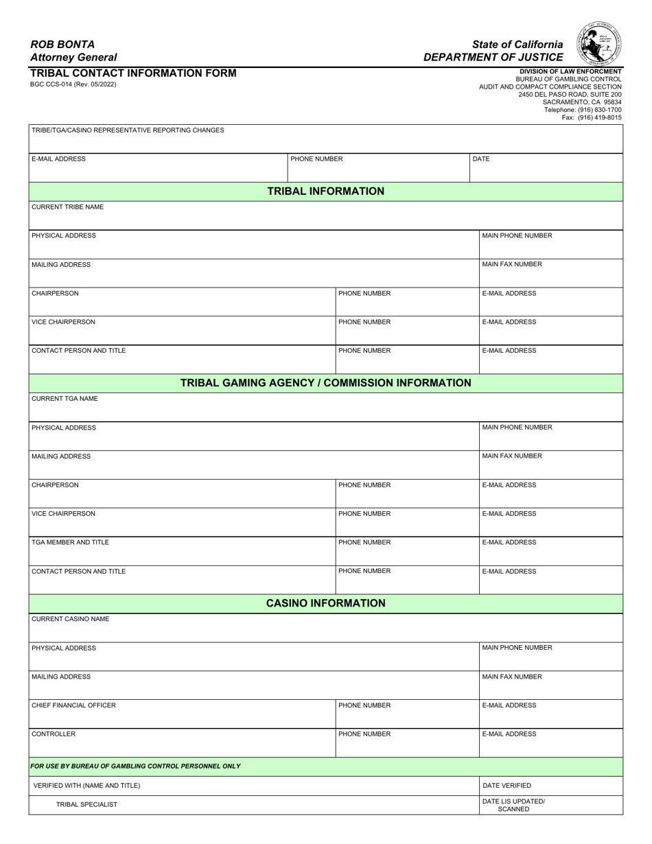 Form BGC CCS-014 Tribal Contact Information Form - California, Page 1