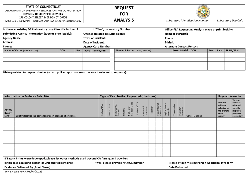 Form SOP-ER-02:1 Request for Analysis - Connecticut, Page 1