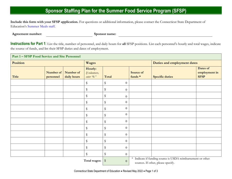 Sponsor Staffing Plan for the Summer Food Service Program (Sfsp) - Connecticut, Page 1