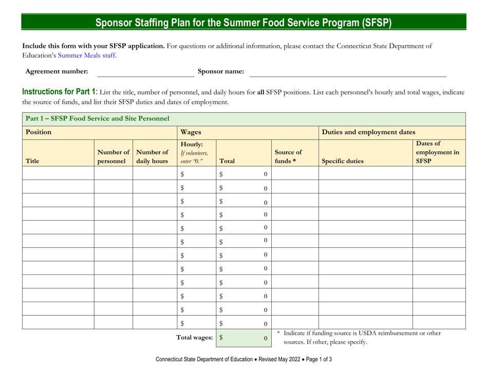 Connecticut Sponsor Staffing Plan for the Summer Food Service Program ...