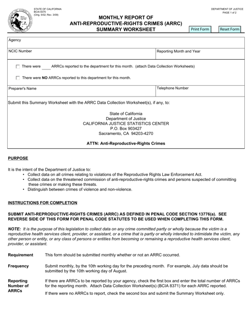 Form BCIA8370 Monthly Report of Anti-reproductive-Rights Crimes (Arrc) Summary Worksheet - California