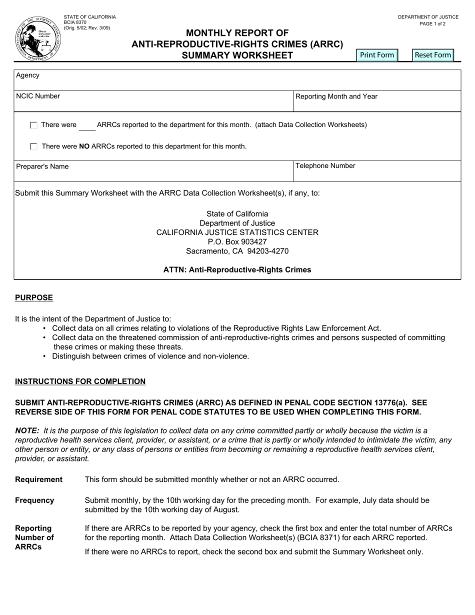 Form BCIA8370 Monthly Report of Anti-reproductive-Rights Crimes (Arrc) Summary Worksheet - California, Page 1
