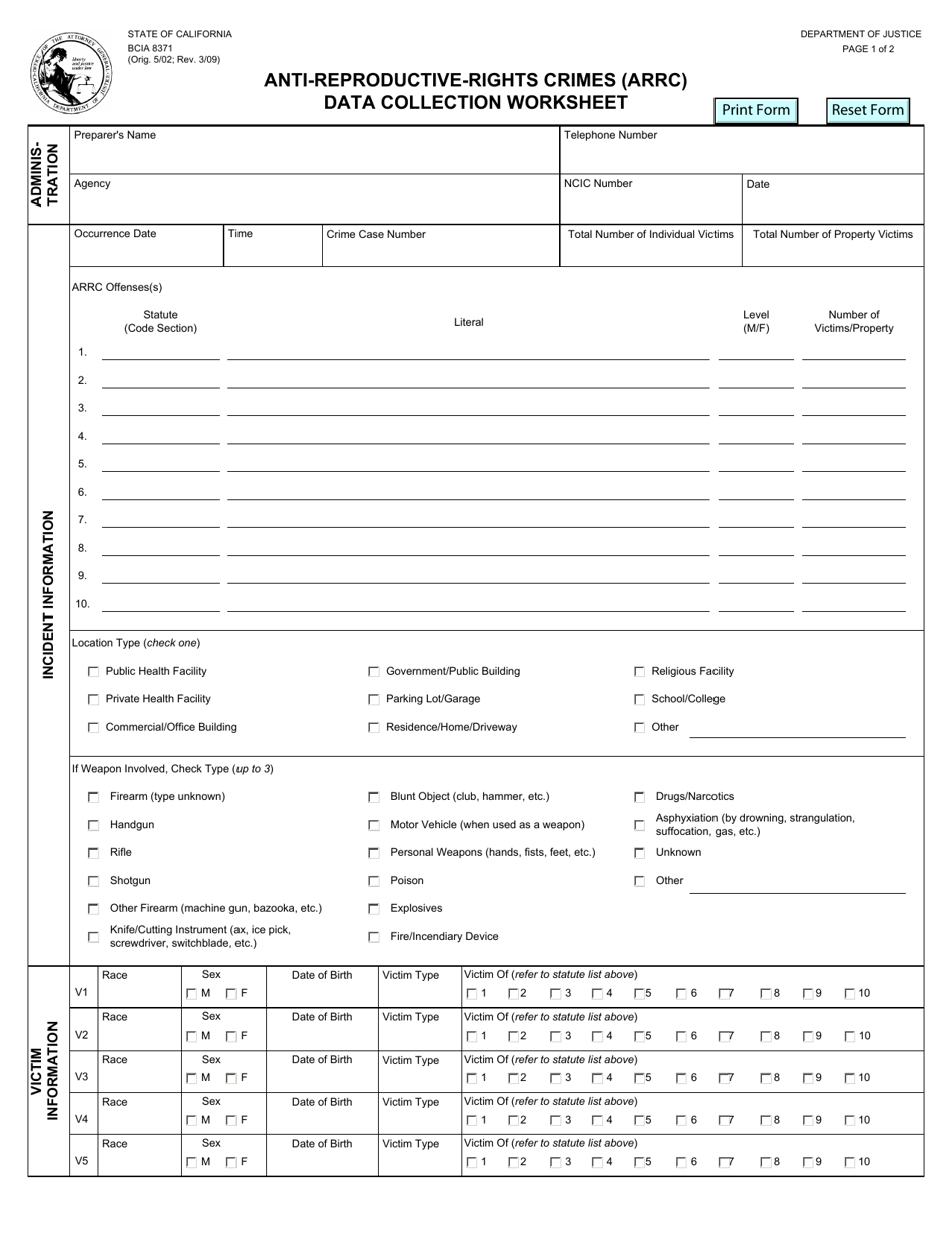 Form BCIA8371 Anti-reproductive-Rights Crimes (Arrc) Data Collection Worksheet - California, Page 1