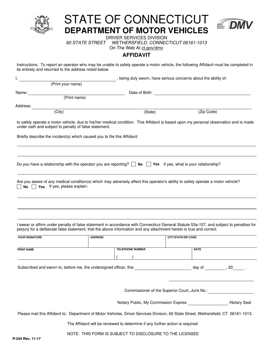 Form P244 Affidavit to Report a Driver Who May Be Unable to Safely Operate a Motor Vehicle - Connecticut, Page 1