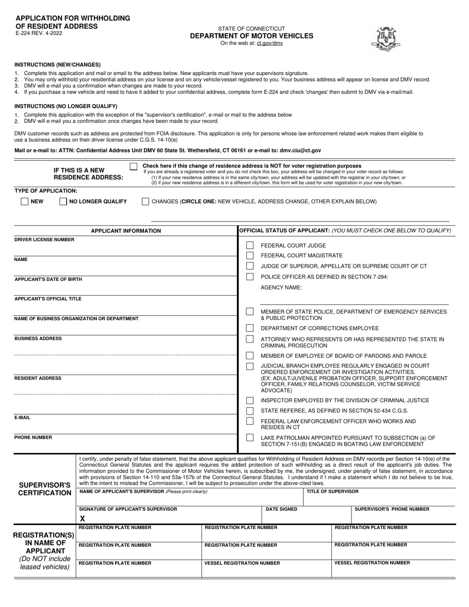 Form E-224 Application for Withholding Resident Address - Connecticut, Page 1