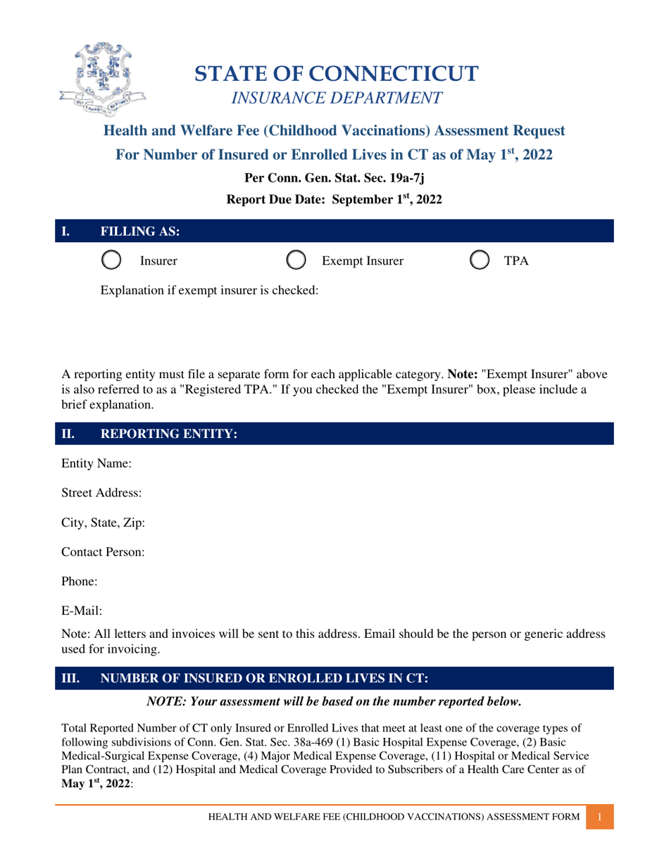 Health and Welfare Fee (Childhood Vaccinations) Assessment Request - Connecticut, Page 1