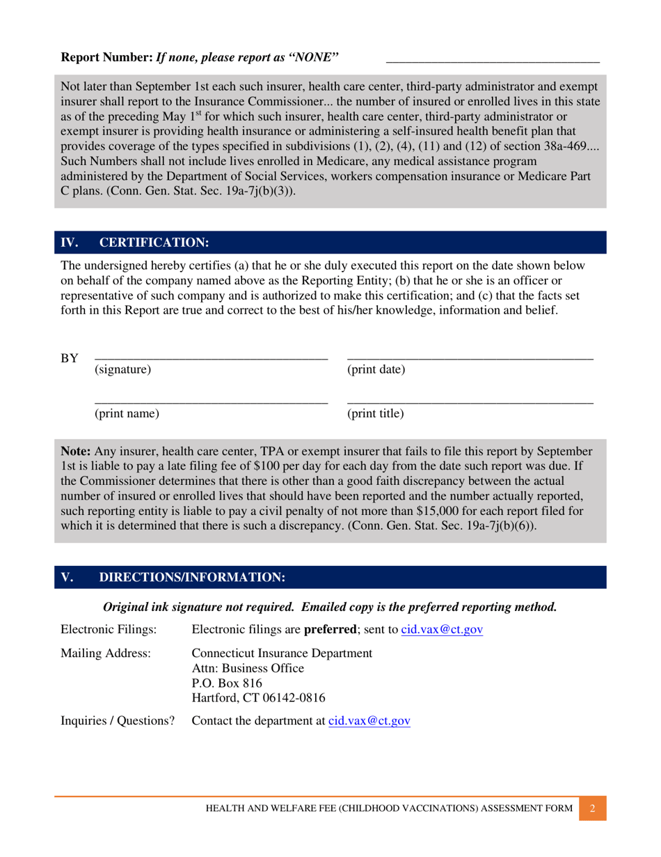 Health and Welfare Fee (Childhood Vaccinations) Assessment Request - Connecticut, Page 2