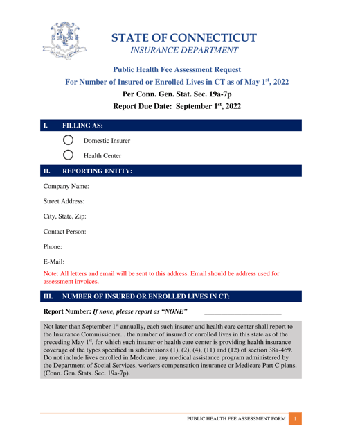 Public Health Fee Assessment Request - Connecticut Download Pdf