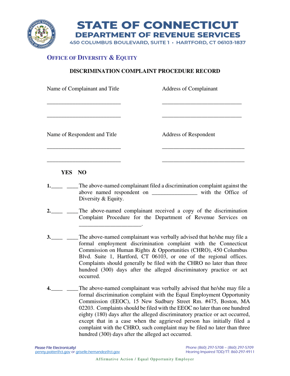 Discrimination Complaint Procedure Record - Connecticut, Page 1