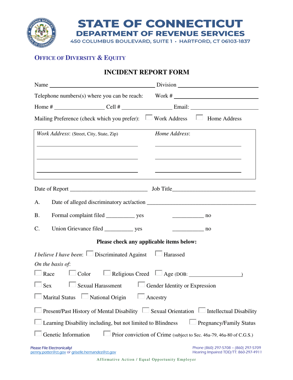 Incident Report Form - Connecticut, Page 1