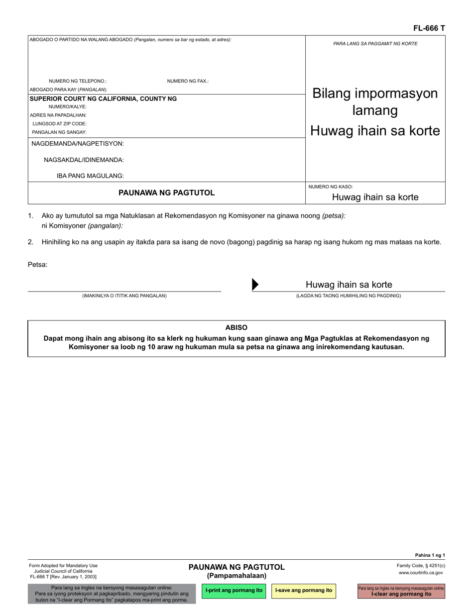 Form FL-666 Notice of Objection (Governmental) - California (Tagalog), Page 1