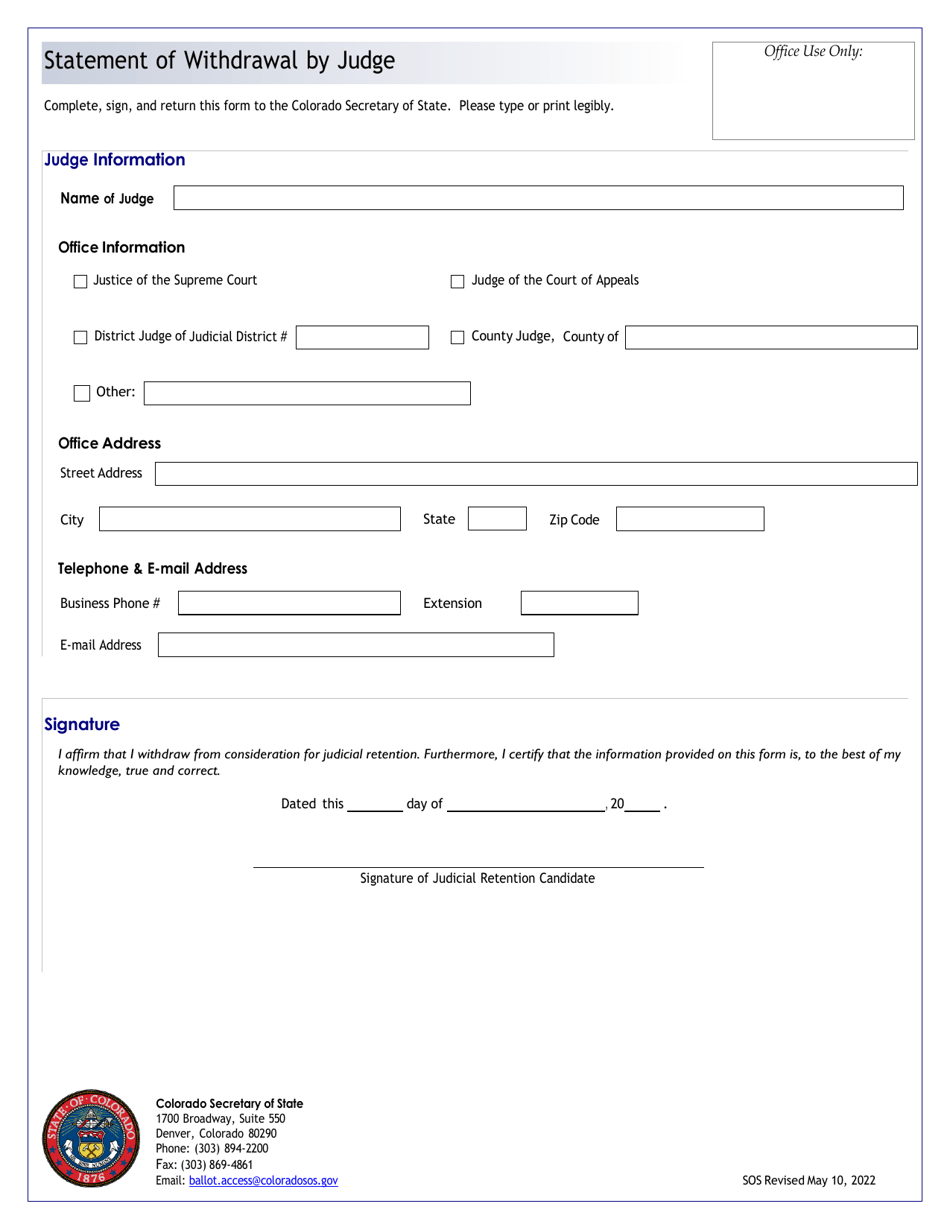 Statement of Withdrawal by Judge - Colorado, Page 1