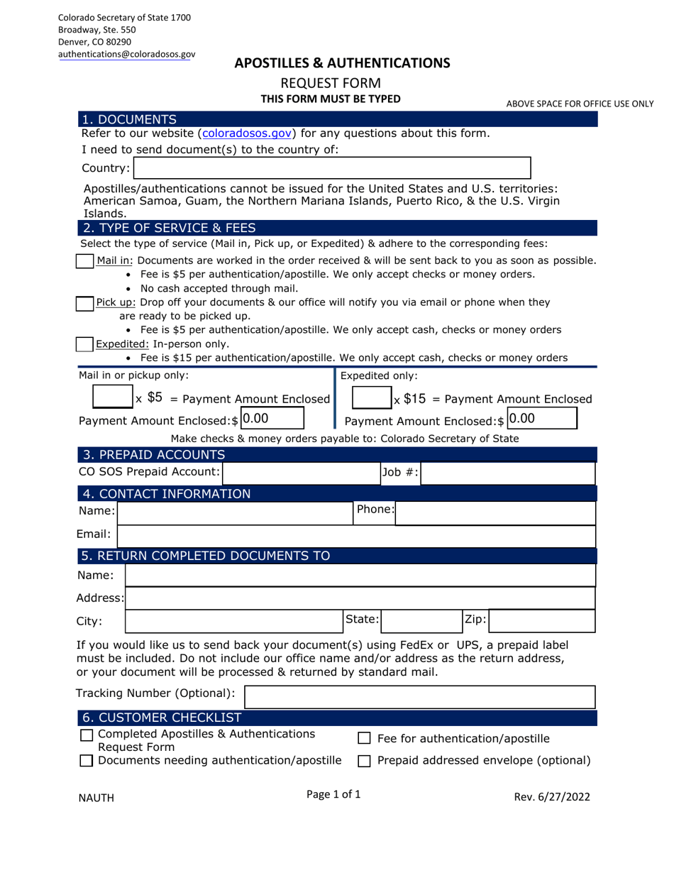 Apostilles  Authentications Request Form - Colorado, Page 1