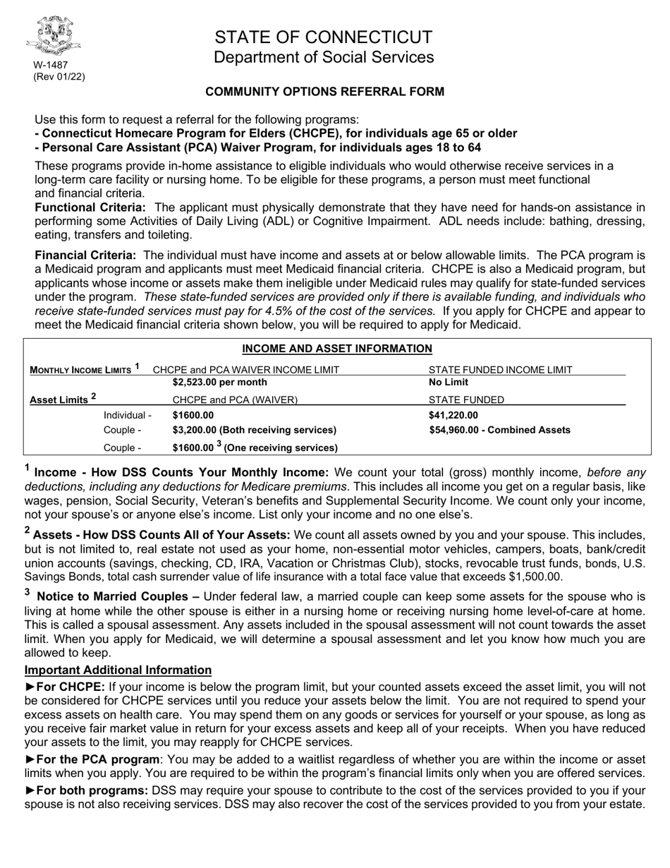 Form W-1487 Community Options Referral Form - Connecticut, Page 1
