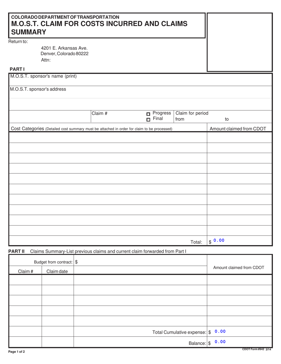 CDOT Form 942 M.o.s.t. Claim for Costs Incurred and Claims Summary - Colorado, Page 1