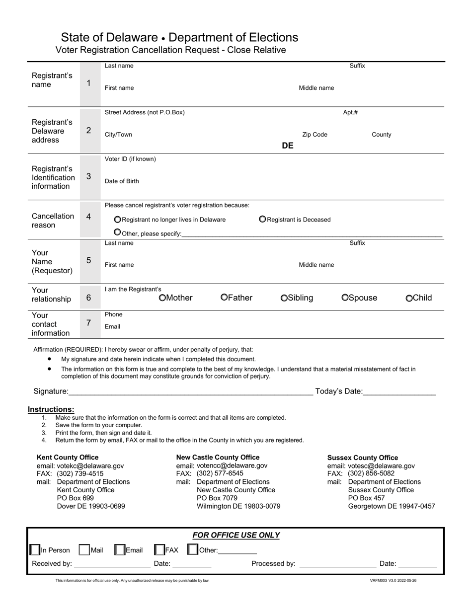 Form VRFM003 Voter Registration Cancellation Request - Close Relative - Delaware, Page 1