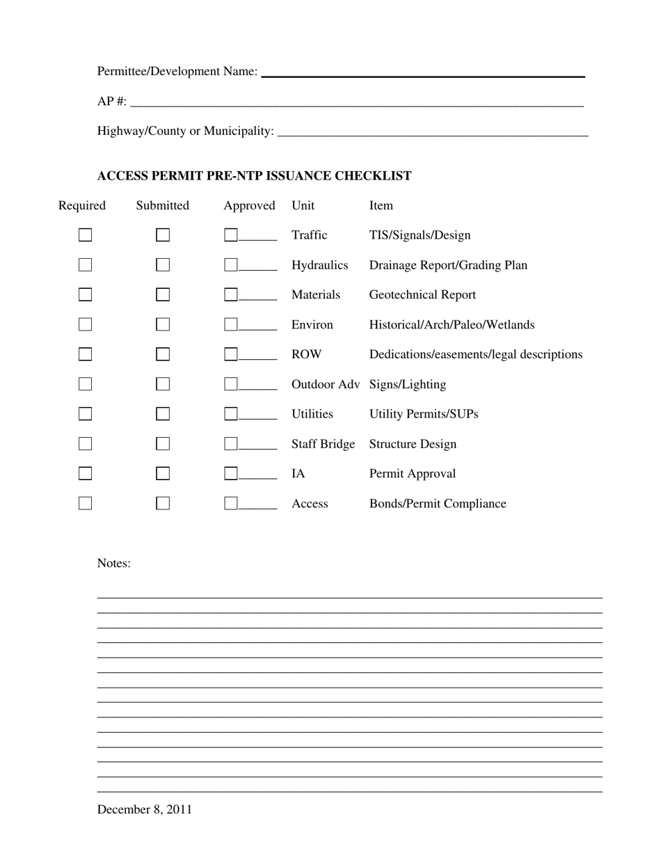 Access Permit Pre-ntp Issuance Checklist - Colorado, Page 1