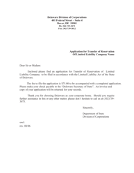 Document preview: Application for Transfer of Reservation of Limited Liability Company Name - Delaware