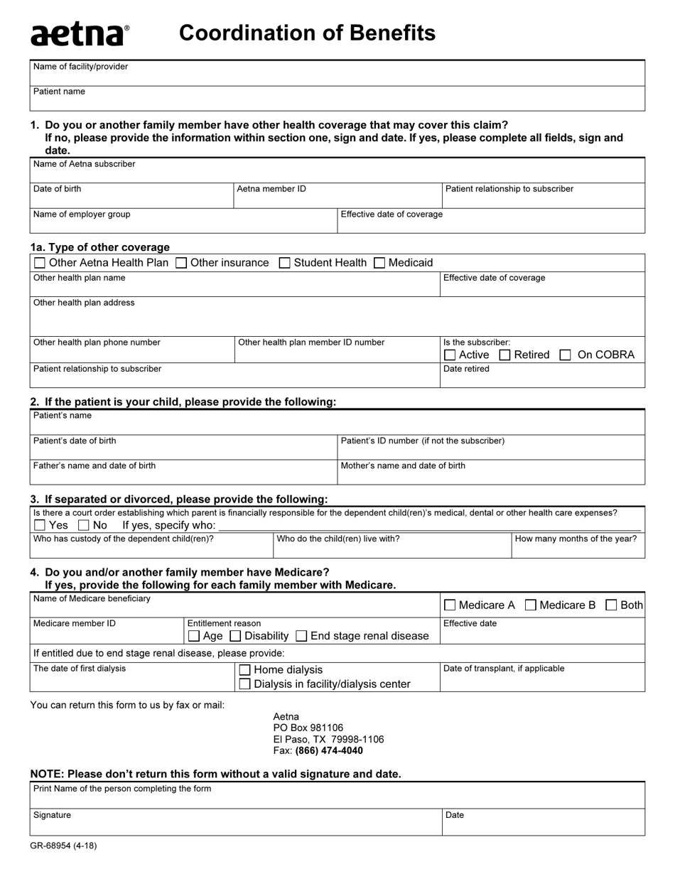 Form GR-68954 Coordination of Benefits, Page 1