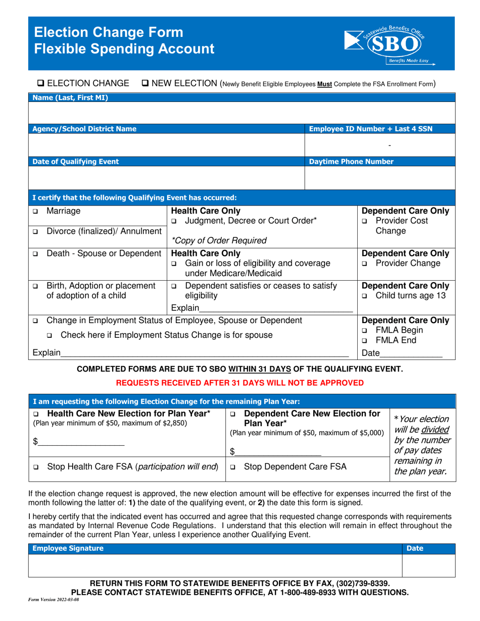 Election Change Form - Flexible Spending Account - Delaware, Page 1