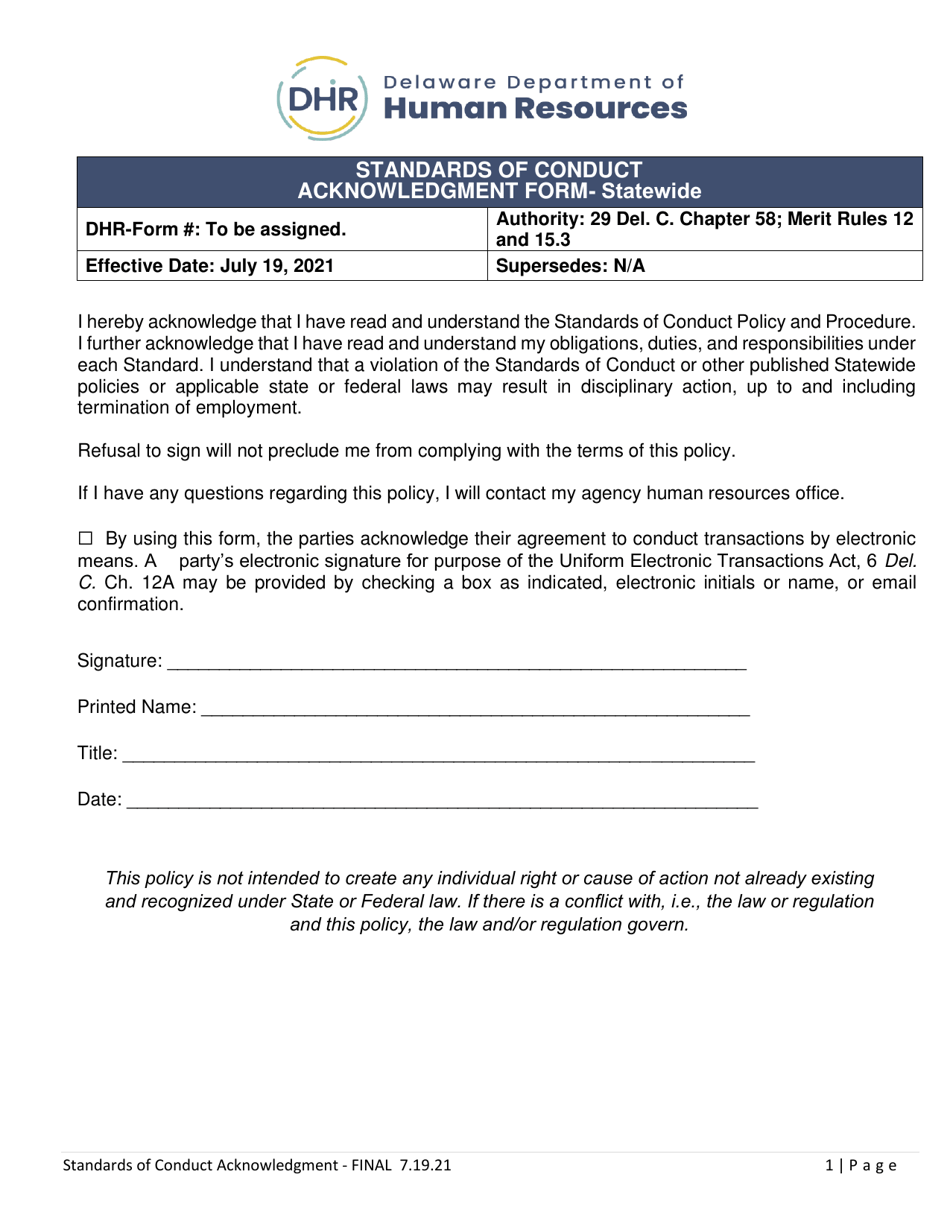 Delaware Standards of Conduct Acknowledgment Form Statewide Fill