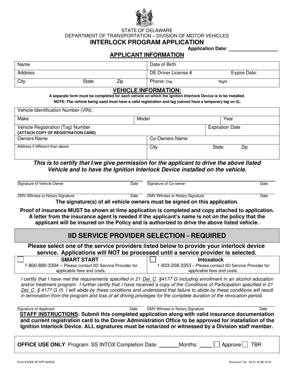 Form 2008 IID APP Interlock Program Application - Delaware, Page 1