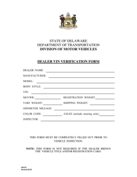 Form MV573 &quot;Dealer Vin Verification Form&quot; - Delaware