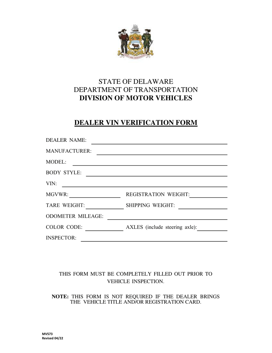 Form MV573 Dealer Vin Verification Form - Delaware, Page 1