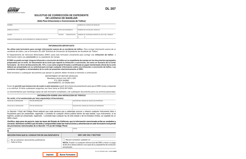 Formulario DL207 SP Solicitud De Correccion De Expediente De Licencia De Manejar - California (Spanish), Page 1