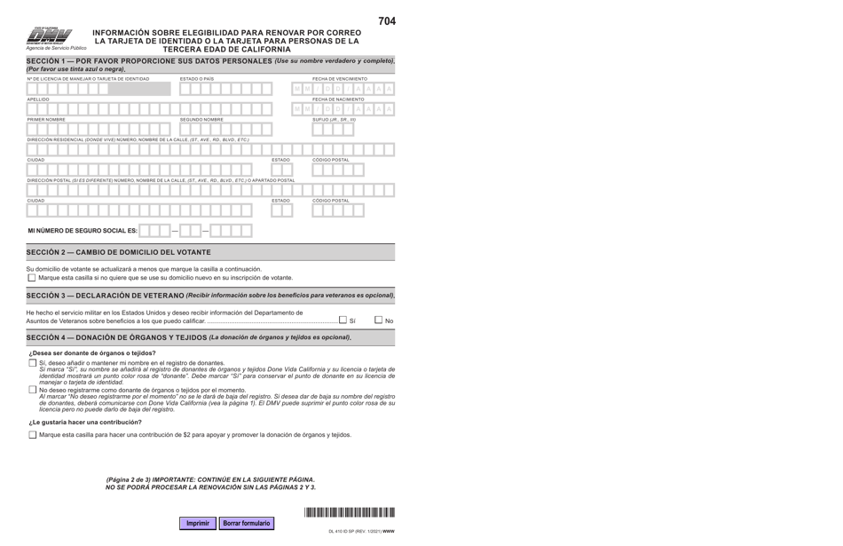 Formulario DL410 ID SP Informacion Sobre Elegibilidad Para Renovar Por Correo La Tarjeta De Identidad O La Tarjeta Para Personas De La Tercera Edad De California - California (Spanish), Page 2