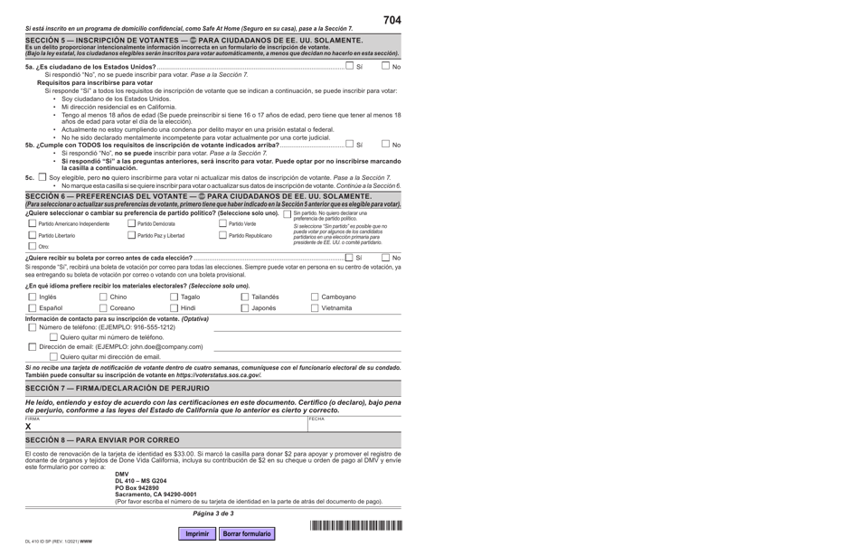 Formulario DL410 ID SP Informacion Sobre Elegibilidad Para Renovar Por Correo La Tarjeta De Identidad O La Tarjeta Para Personas De La Tercera Edad De California - California (Spanish), Page 3
