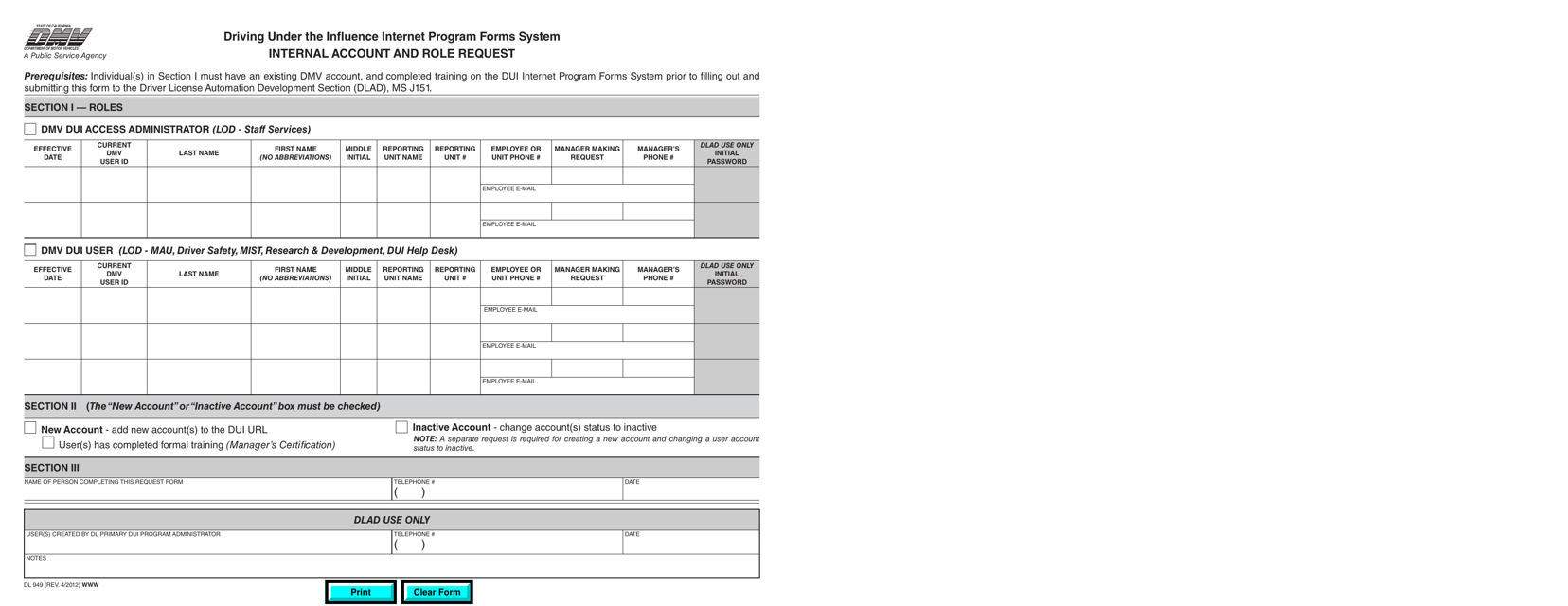 Form DL949 Internal Account and Role Request - California